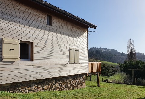 Ferienhütten mit einer Fassade aus Thermohölz
