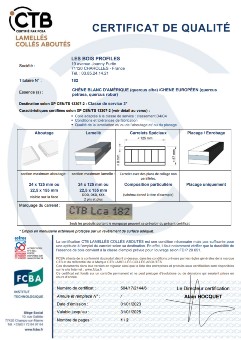CTB LCA Verleimung Zertifikat für Les Bois Profilés - Französische und Weiss-Eiche