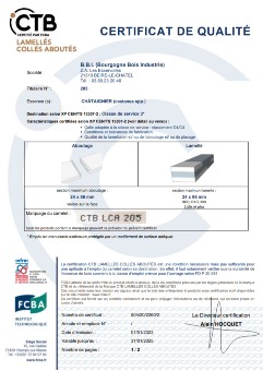 CTB LCA Verleimung Zertifikat für Bourgogne Bois Industrie - Kastanie